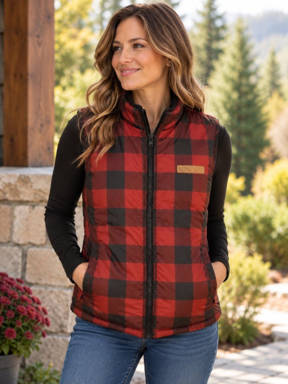 Buffalo David Bitton Women's L 14-16 Red Black Plaid Puffer Vest Sherpa Lined